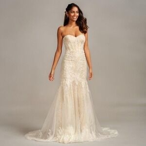 Melissa Sweet Wedding Dress Gown Sz6 White Strapless Lace Corset Embroider Train